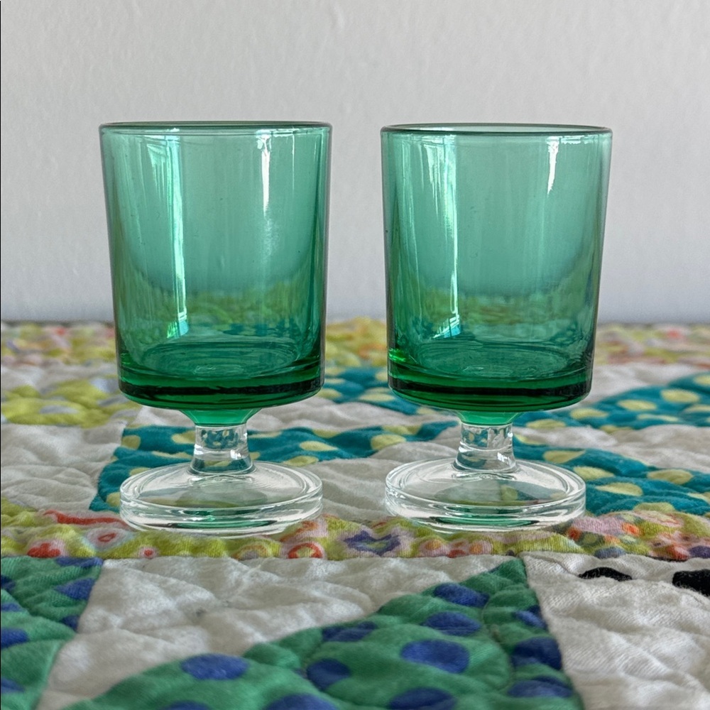 Vintage Luminarc Cavalier Green Stemmed Mini Liquor Shot Glasses Set of 2 France